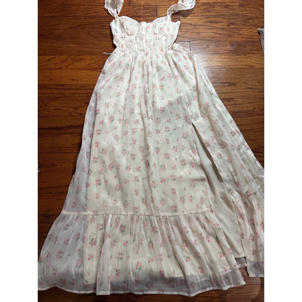 Bacio Floral Corset Maxi Dress Pink Rose Cottagecore Side Slit Cream Small